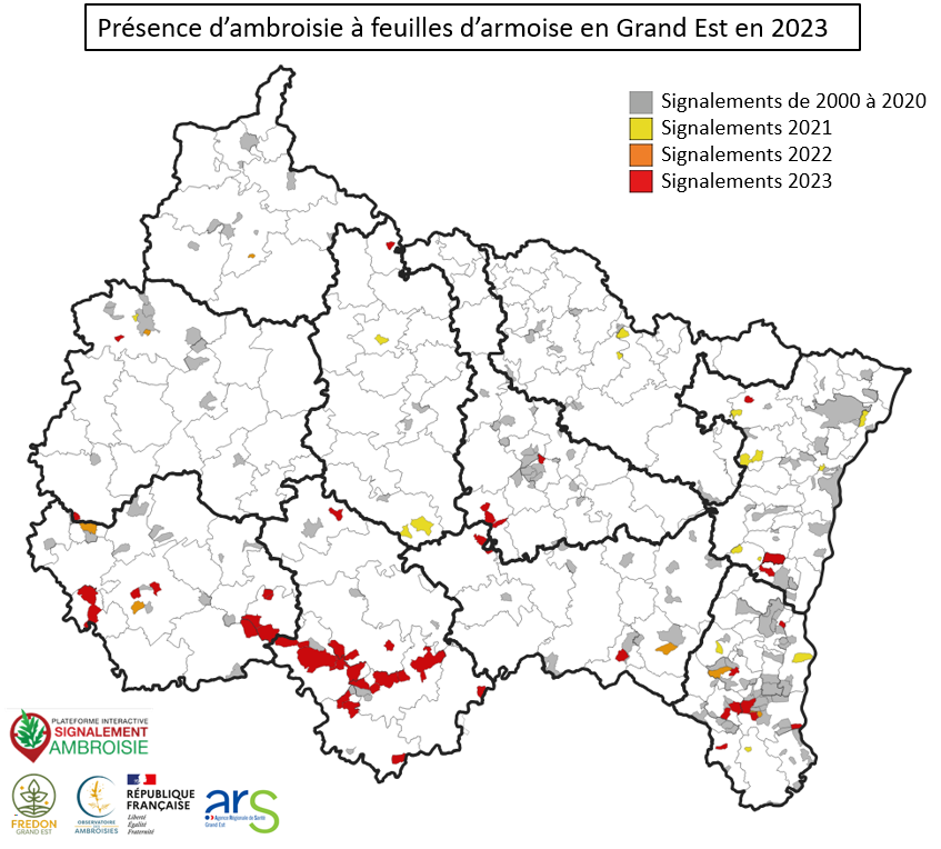 Carte de la progression de l'ambroisie en Grand Est de 2000 à 2023