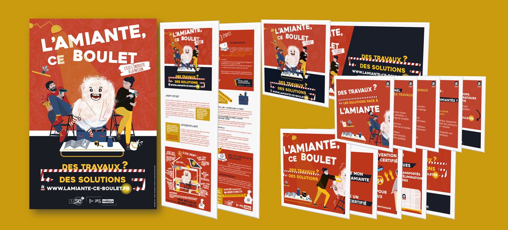 Supports L'Amiante ce boulet (affiche, flyer, bannières et carousels réseaux sociaux)