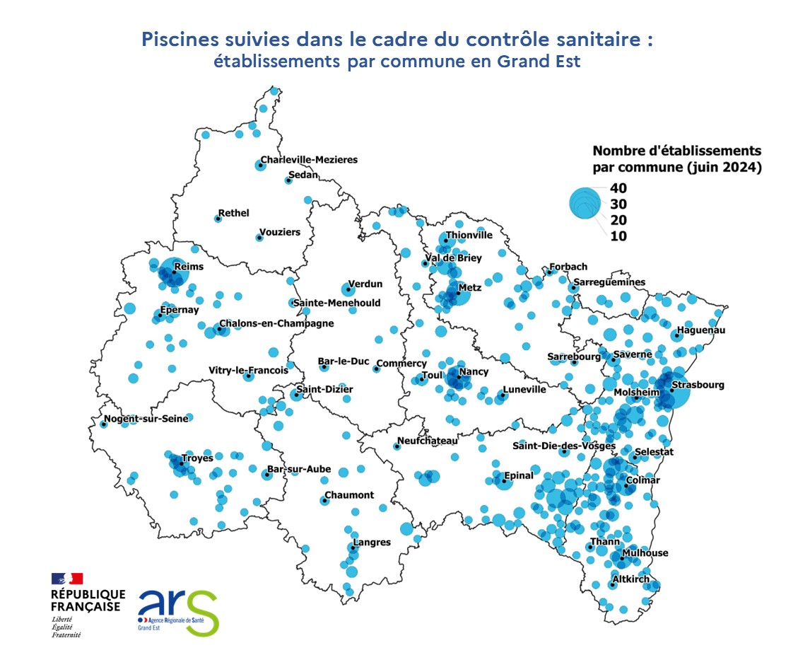 Piscines suivies dans le cadre du contrôle sanitaire : établissements par commune en Grand Est (catégories A & B)