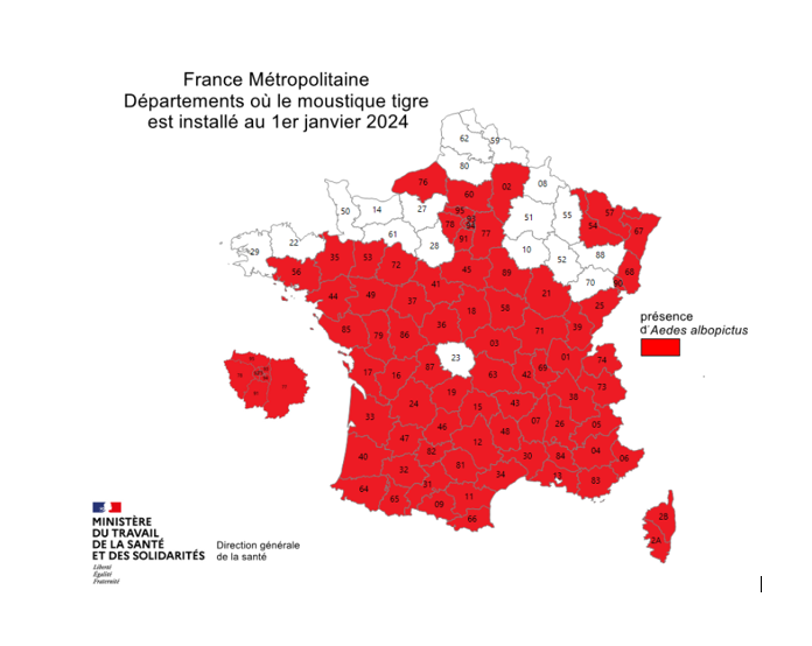 Lutte contre moustique tigre : cartographie départementale des implantations en France métropolitaine 01.01.2024