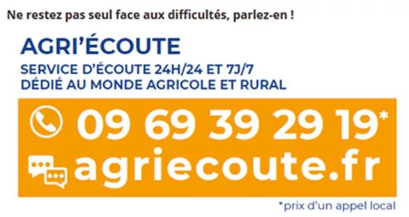 AgriÉcoute est un service d'écoute en ligne, à disposition de la population agricole par téléphone au 09 69 39 29 19 (prix d'un appel local) ou par tchat sur agriecoute.fr.