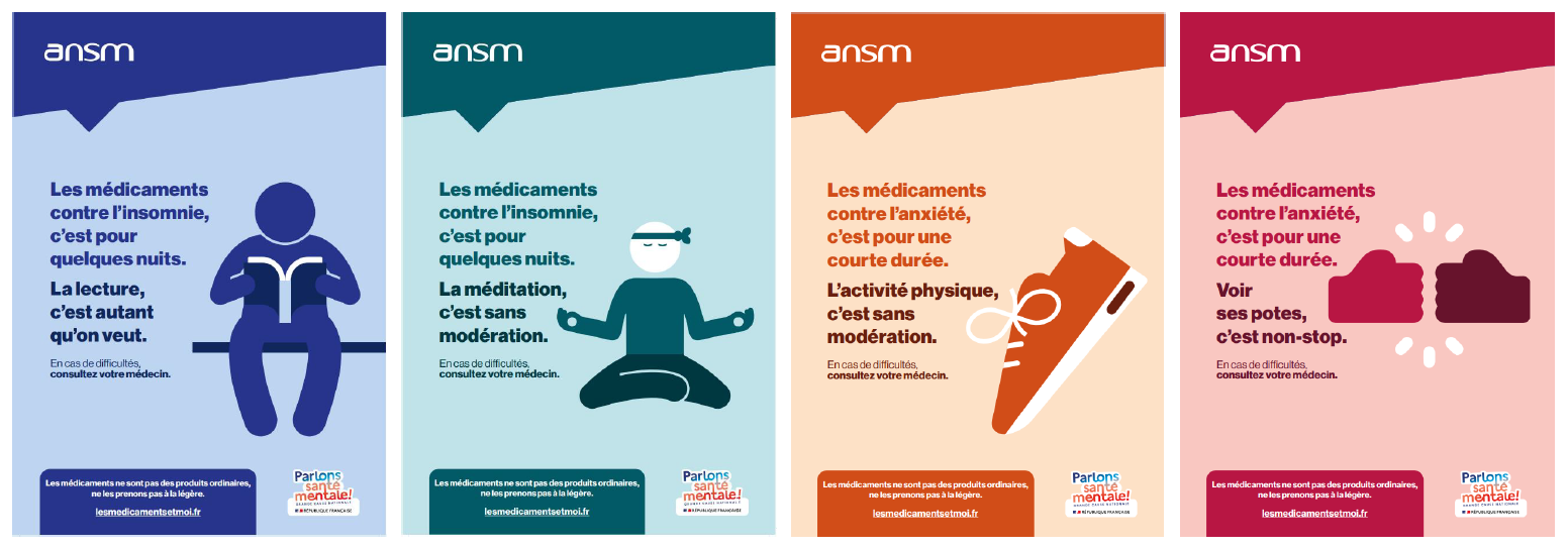 Quatre affiches de l'ANSM faisant de la prévention contre la prise des benzodiazépines : Les médicaments ne sont pas des produits ordinaires, ne les prenons pas à la légère.