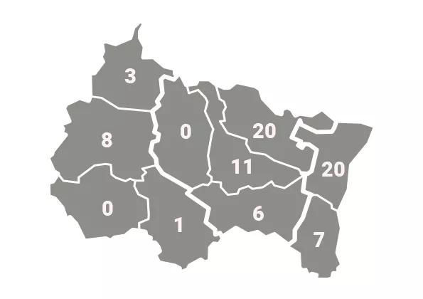 Nombre d'épisodes d'intoxication au monoxyde de carbone par département : Ardennes 5, Aube 2, Marne 4, Haute-Marne 0, Meurthe-et-Moselle 4, Meuse 1, Moselle 24, Bas-Rhin 25, Haut-Rhin 12, Vosges 3.
