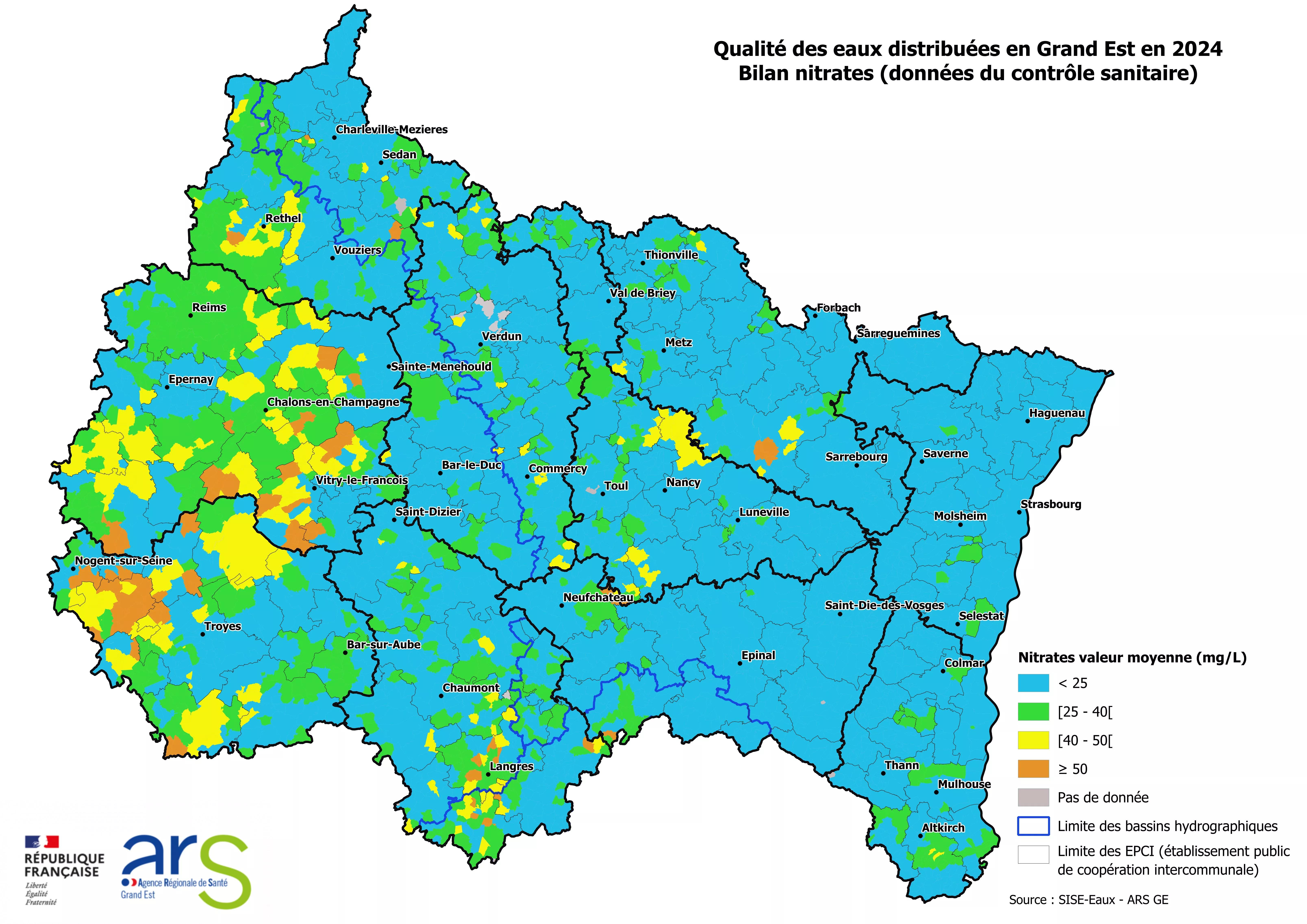 ARS GE | Carto Qualité des eaux distribuées | Nitrates Valeur moyenne BILAN 2024