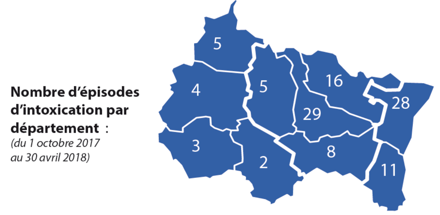 Carte départementale Grand Est -Bilan intoxications CO hiver 2017/2018