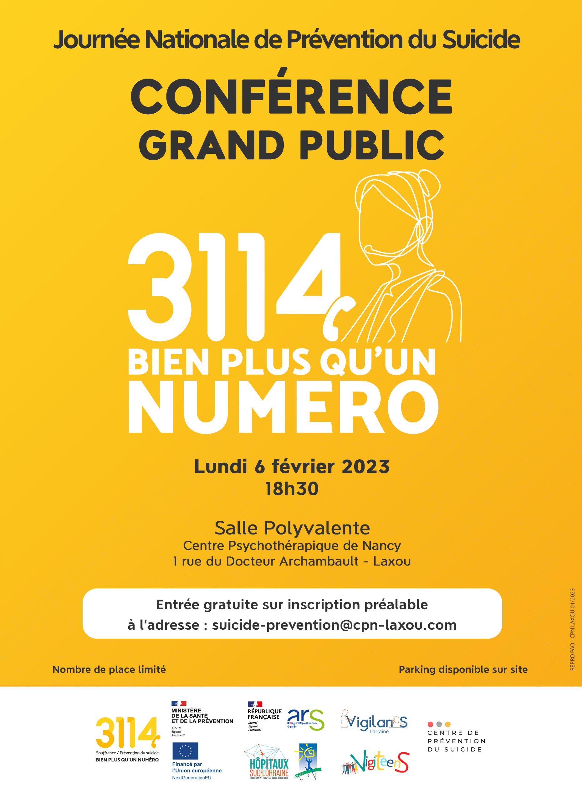  Affiche Journée Nationale de prévention du suicide : Conférence 3114 CPN Lundi 06.02.2023