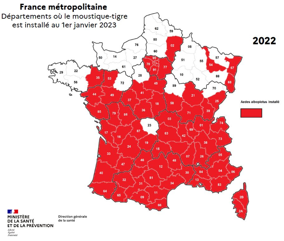 Carte France Implantation Moustique tigre au 1.01.2023
