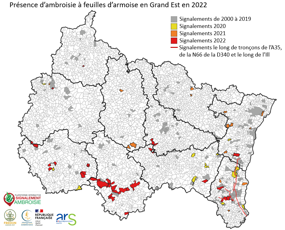 Carte de la progression de l'ambroisie en Grand Est de 2000 à 2022