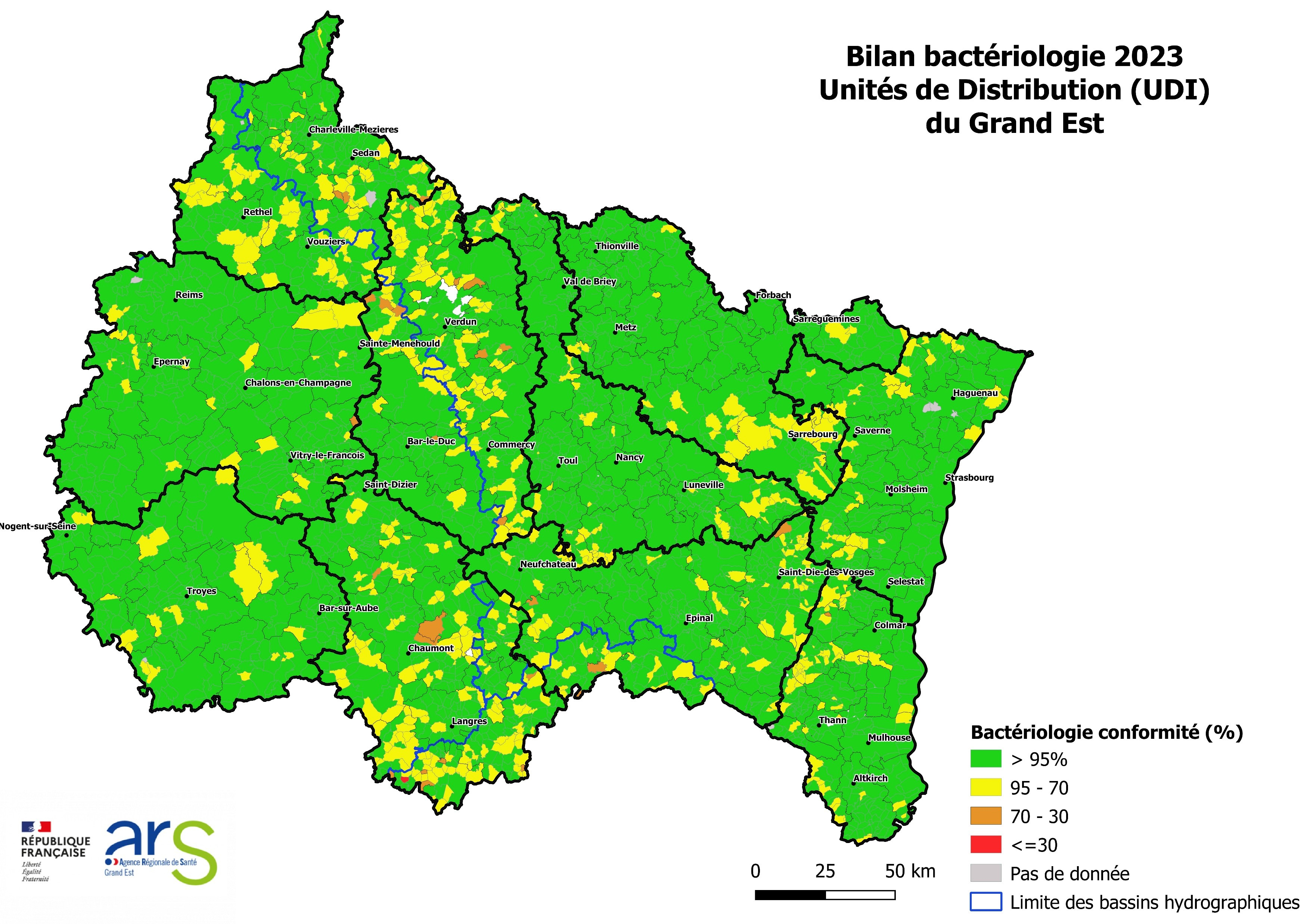 Carto EAUX ARS-UDI GE_Bilan Bactériologie_Conformité_2023