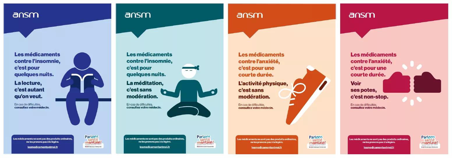 Quatre affiches de l'ANSM faisant de la prévention contre la prise des benzodiazépines : Les médicaments ne sont pas des produits ordinaires, ne les prenons pas à la légère.