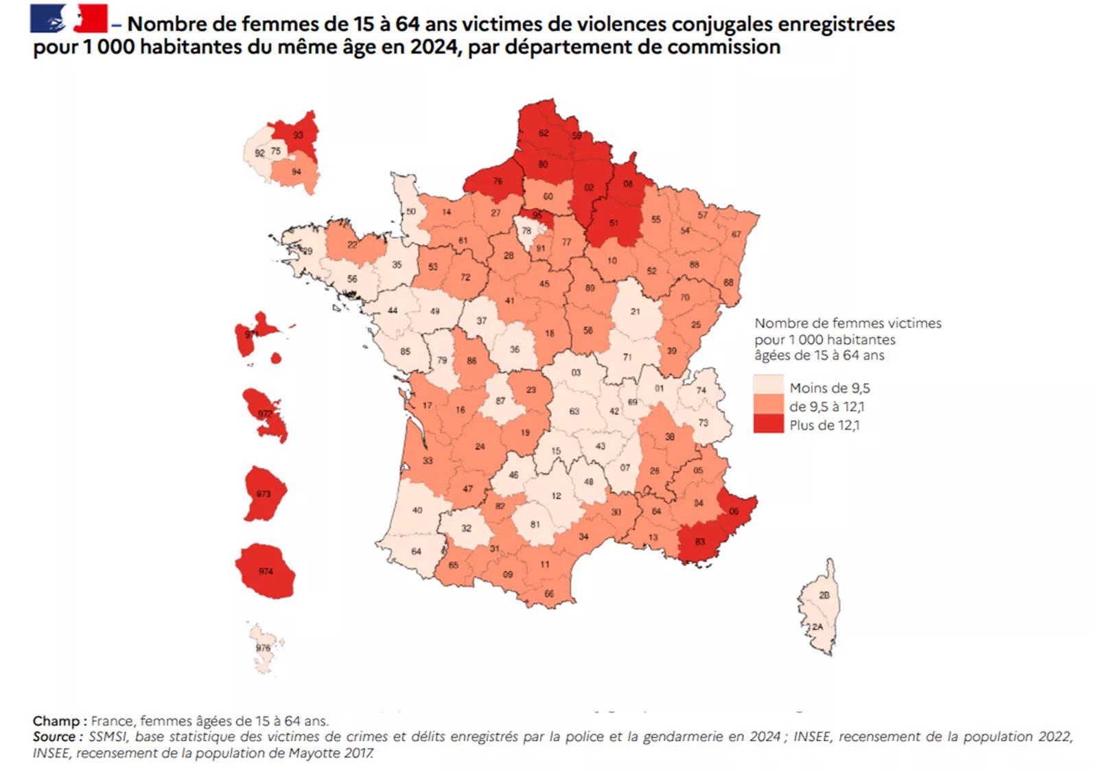 Cartographie VFF Nombre de femmes 15-64 ans victimes de violences conjugales en 2024 par départements