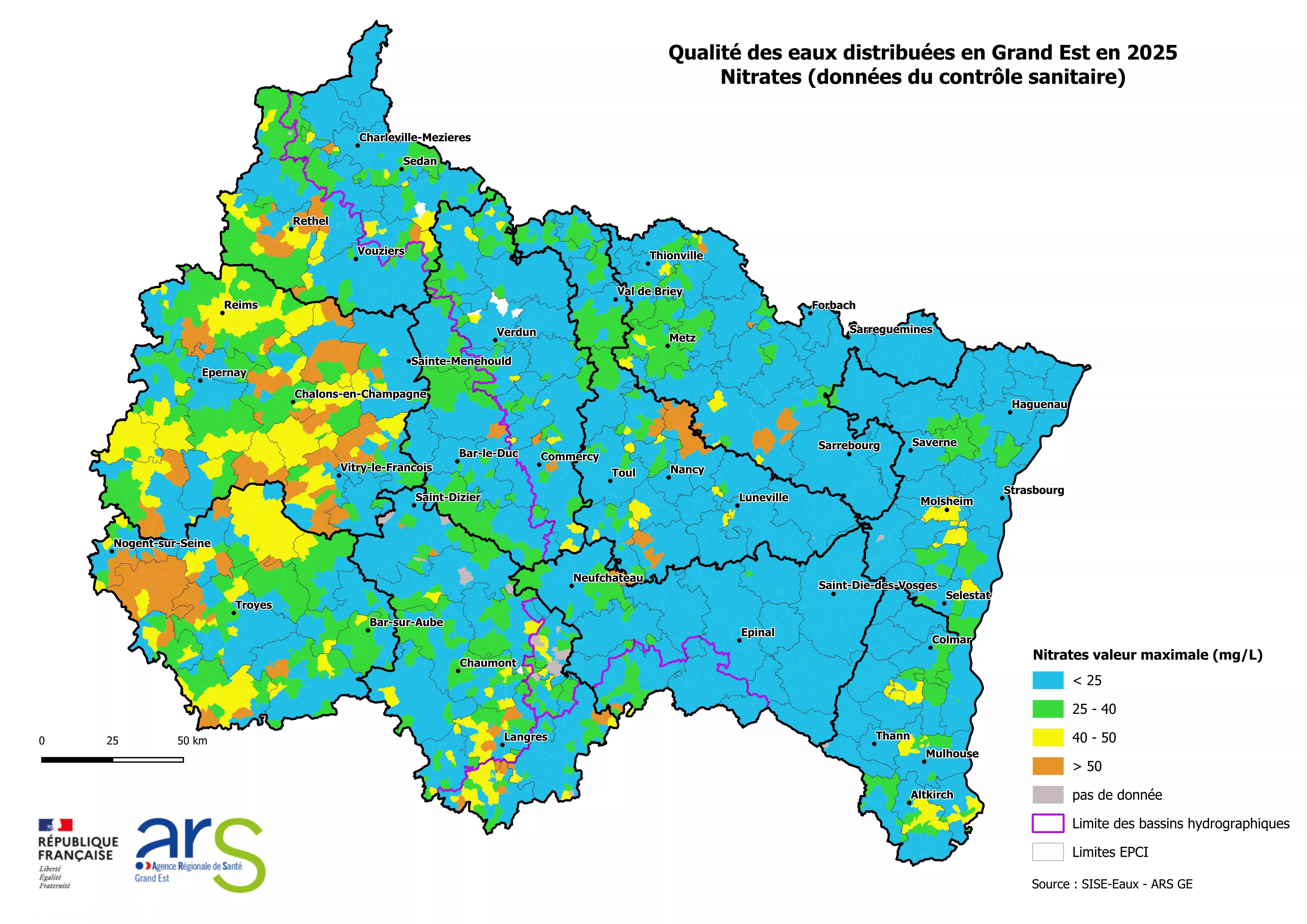 Qualité des eaux Grand Est | Nitrates Valeurs max EPCI_BILAN_2025